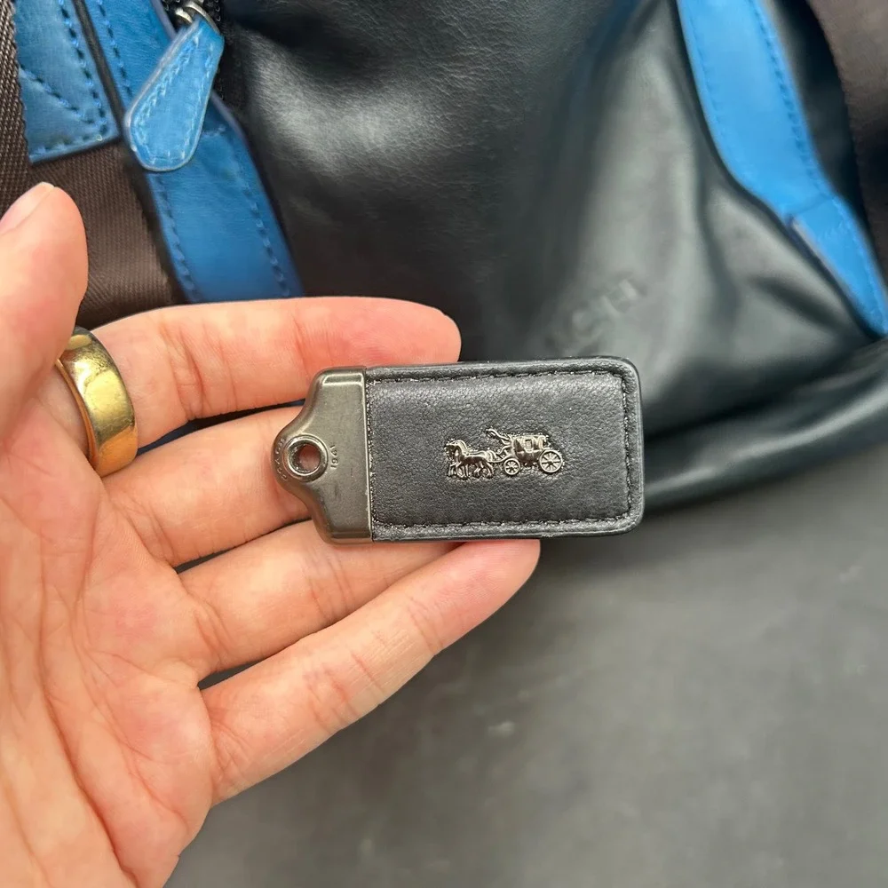 Coach Manhattan Leather Backpack Black Blue Colorblock Buckle Drawstring Bag